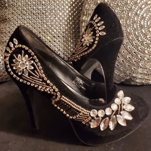 Bold & Sassy Black Velvet Gem Heels